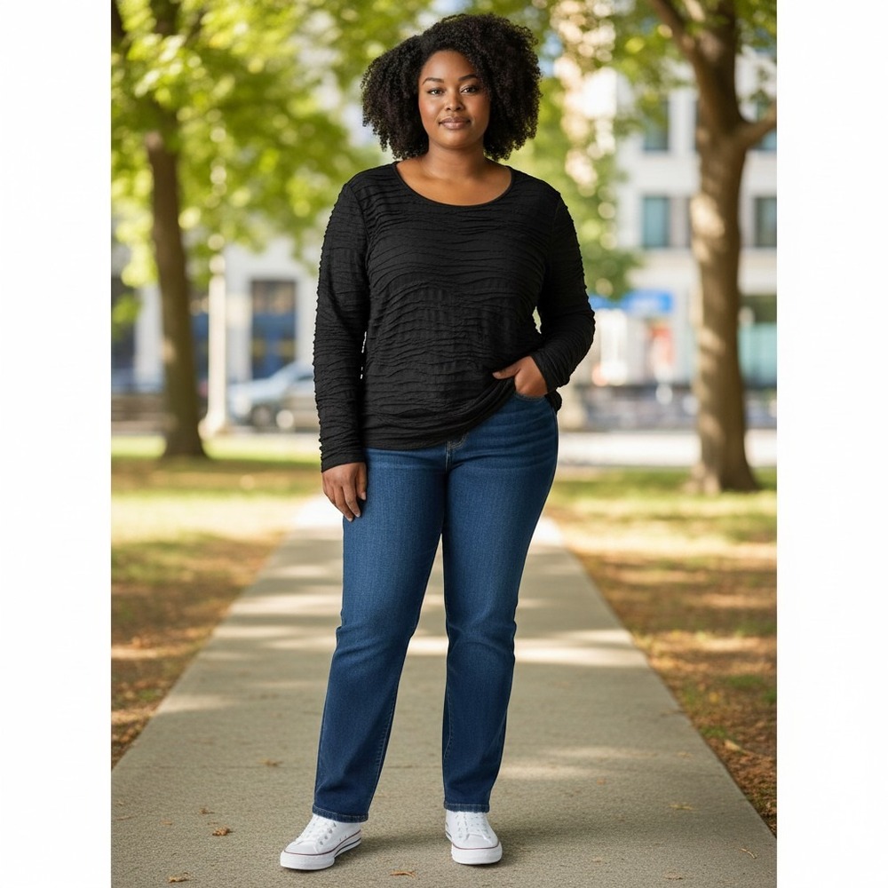 Cato Textured Pleated Top Medium Black Excellent Long Sleeve Scoop Neck Ripple